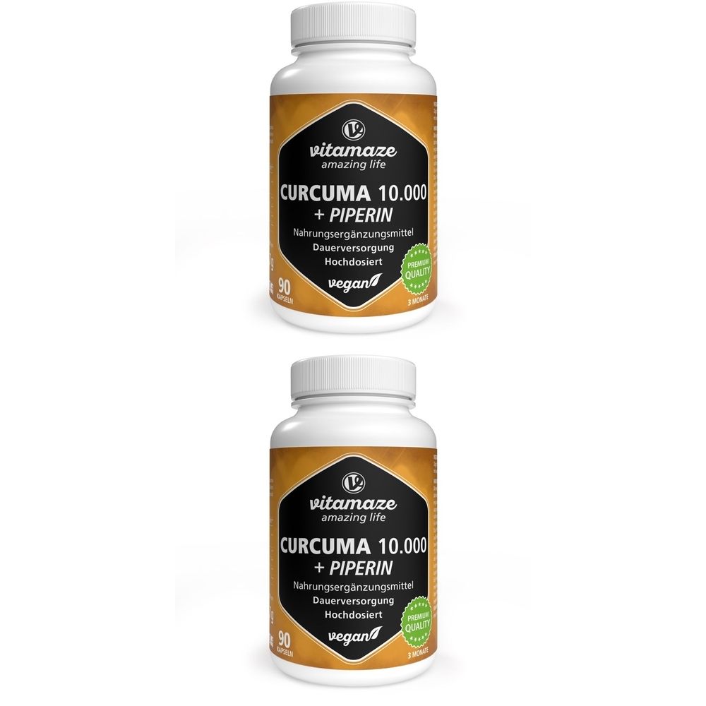 Zwei weiße Flaschen mit schwarzem Etikett. Aufschrift: CURCUMA 10.000 + PIPERIN. Vegan. 90 Kapseln. Marke: vitamaze.