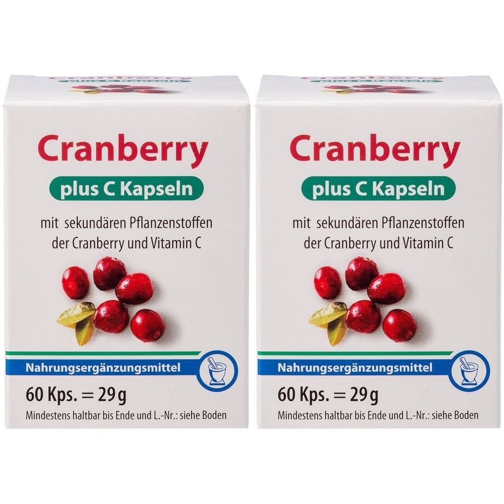 Zwei weiße Kartons mit Produktaufdruck. Aufschrift: Cranberry plus C Kapseln. Abbildung von Cranberrys. 60 Kapseln, 29g.