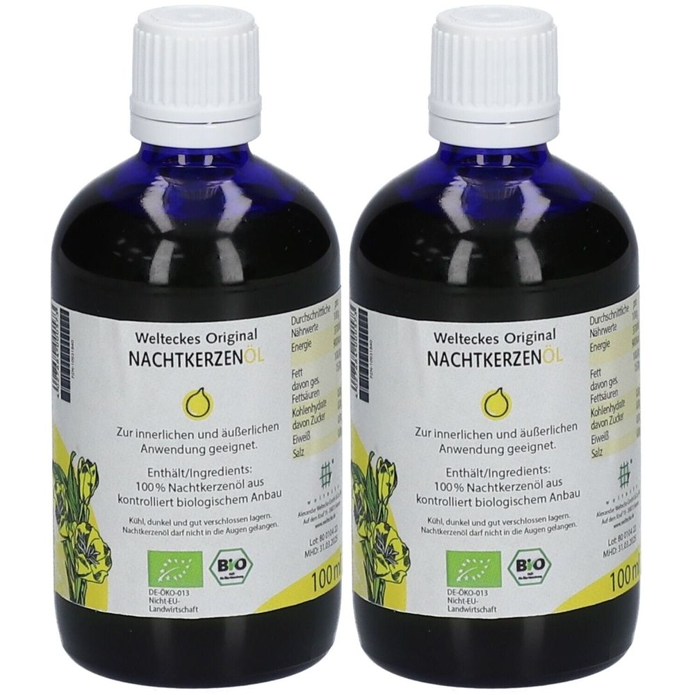 Zwei Flaschen Welteckes Original Nachtkerzenöl. Blaue Glasflaschen mit weißem Deckel und Etikett. BIO-Zertifizierung.