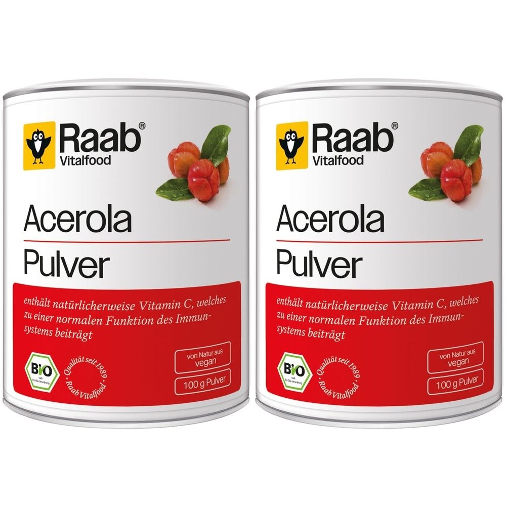 Zwei Dosen Raab Acerola Pulver. Aufschrift: Acerola Pulver, enthält Vitamin C. Mit Bio-Siegel und veganem Hinweis.