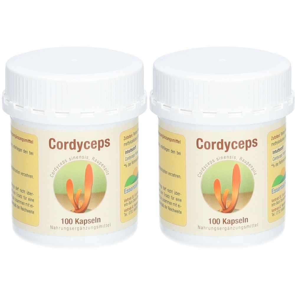 Zwei weiße Kunststoffdosen mit Schraubverschluss. Aufschrift "Cordyceps" und "100 Kapseln". Abbildung von Cordyceps sinensis.