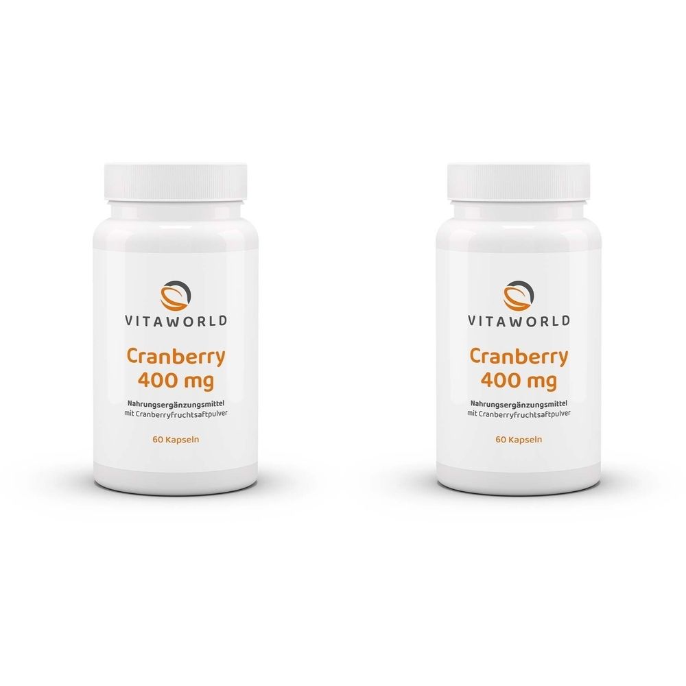 Zwei weiße Flaschen mit Schraubverschluss. Aufschrift: Cranberry 400 mg, Vita World. 60 Kapseln. Nahrungsergänzungsmittel.