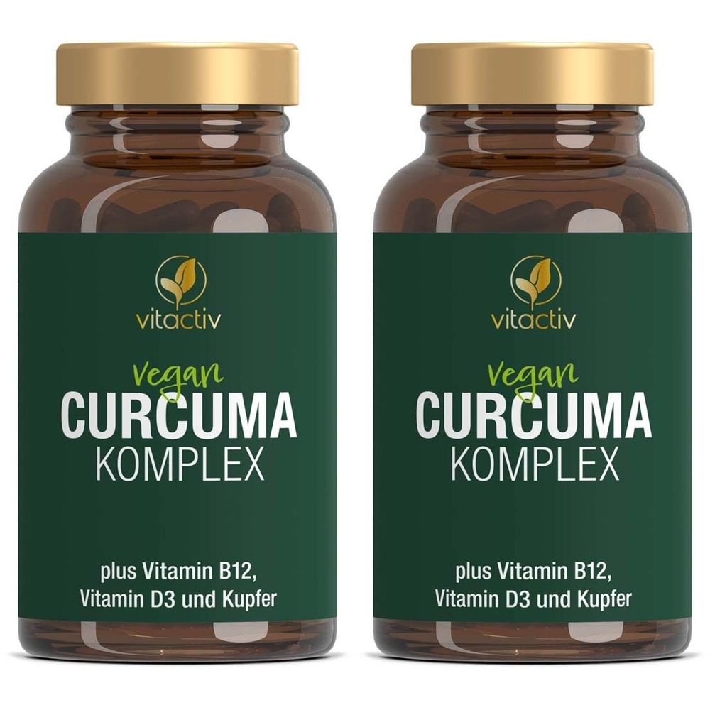 Zwei braune Glasflaschen mit goldenen Deckeln. Auf den Etiketten steht: Vitactiv Vegan Curcuma Komplex, plus Vitamin B12, Vitamin D3 und Kupfer.