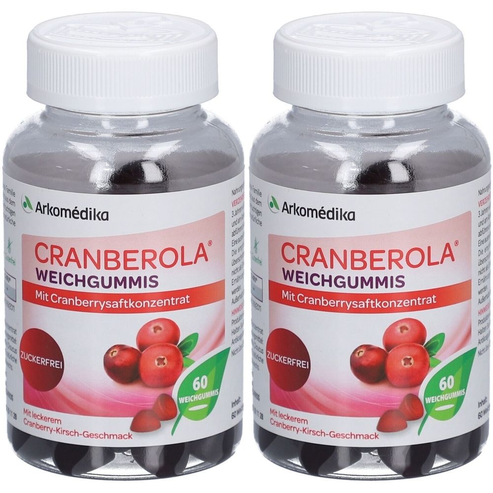 Zwei Flaschen Weber&Weber Cranberola Weichgummis. Klare Kunststoffbehälter mit weißem Deckel. Etikett mit Produktname, Cranberry-Abbildung und 60 Stück.