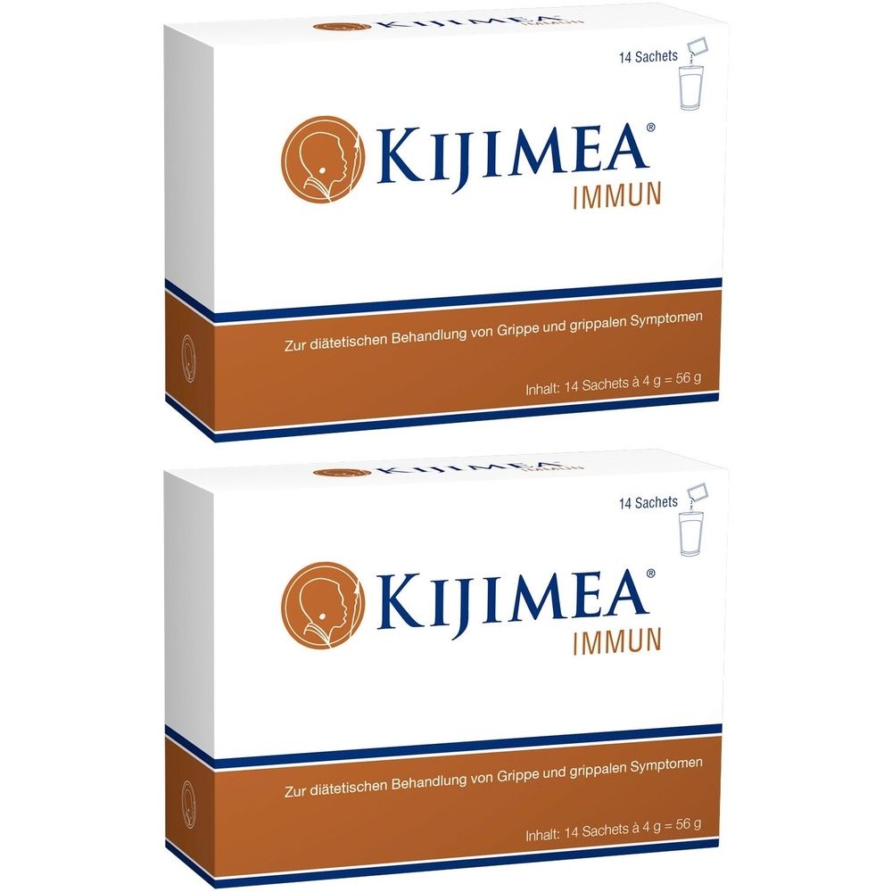 Zwei Kartons Kijimea Immun. Weiße Verpackung mit Logo und Schriftzug. Enthält 14 Sachets.