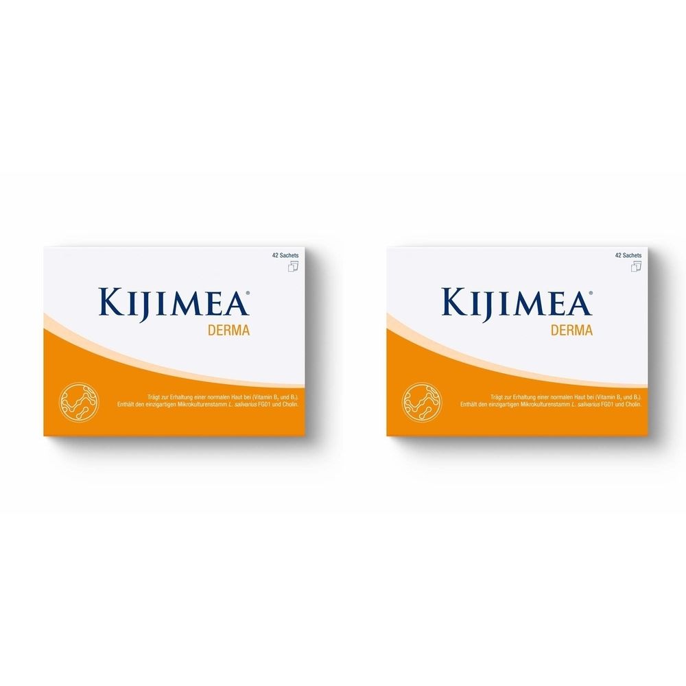 Zwei rechteckige Kartons. Aufschrift: KIJIMEA DERMA. Orangefarbener Bogen auf weißem Grund. 42 Sachets. Logo unten links.