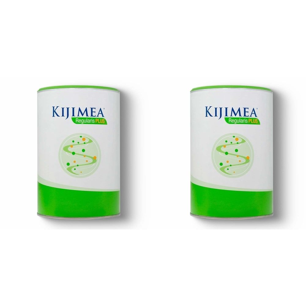 Zwei zylindrische Dosen. Aufschrift: KIJIMEA Regularis Plus. Weiß, grün und hellgrün. Abbildung mit grünen Punkten.