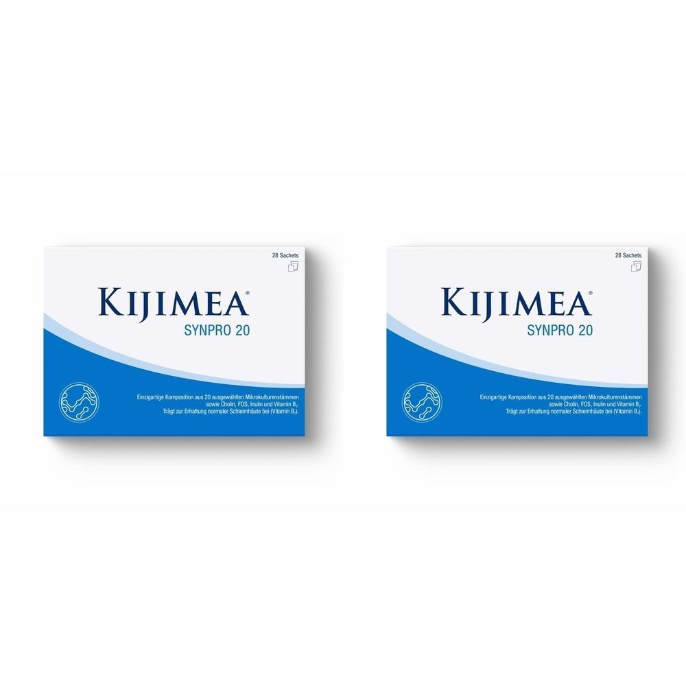 Zwei weiße Kartons mit blauer Wellenform. Aufschrift: KIJMEA SYNPRO 20. Logo und Text darunter. 20 Sachets.