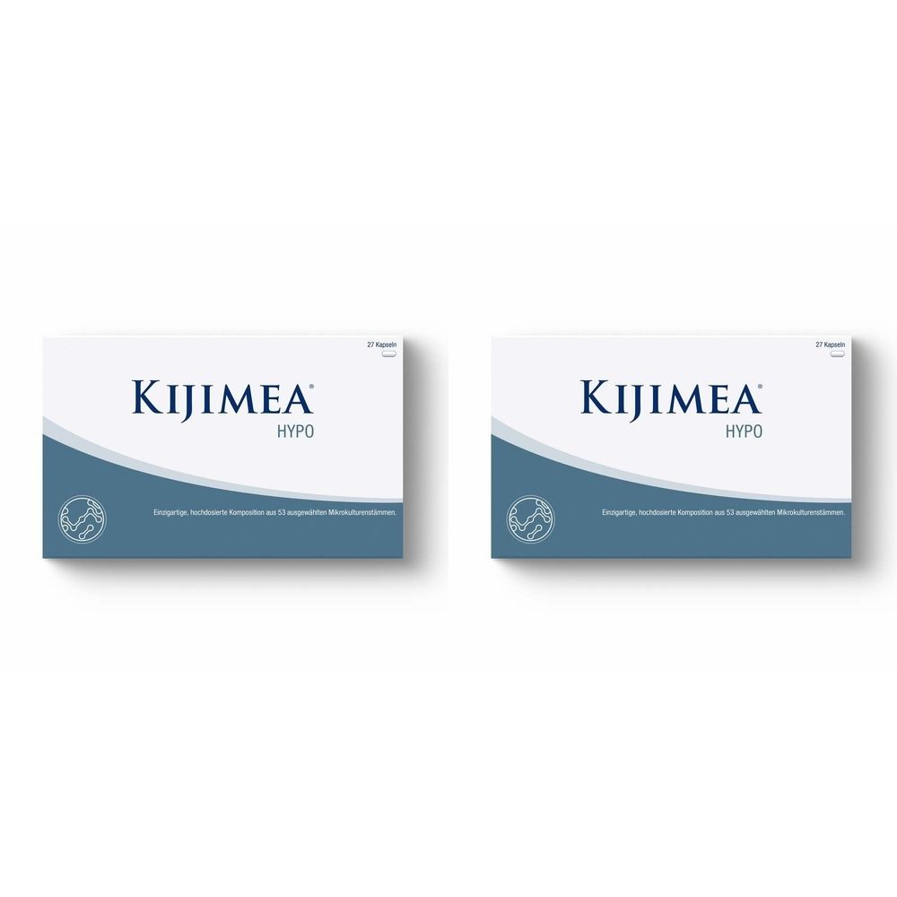 Zwei rechteckige Schachteln. Aufschrift: Kijimea Hypo. Blaue und weiße Farbgebung. Logo unten links.