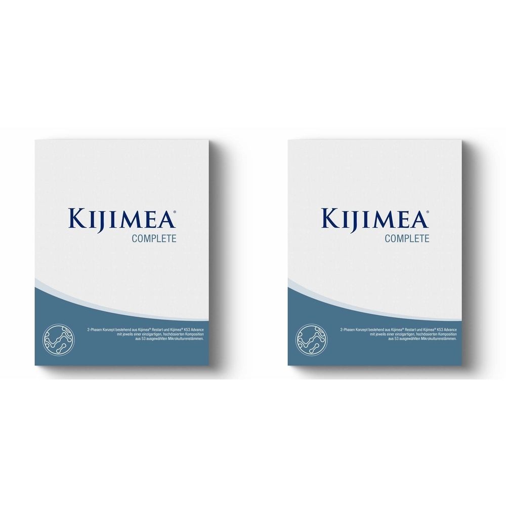 Zwei weiße Kartons mit blauem Wellenmuster und der Aufschrift "KIJIMEA COMPLETE".