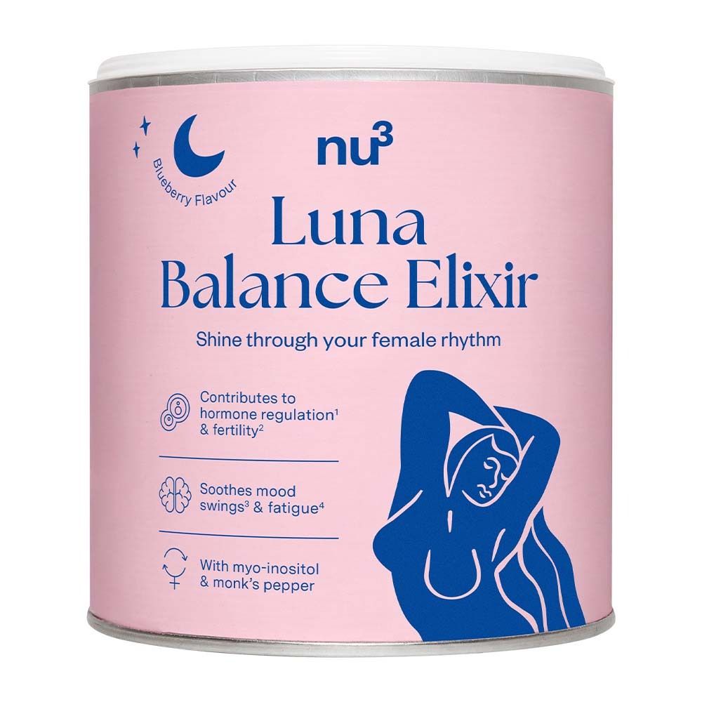 Rosa Dose mit weißem Deckel. Aufschrift: nu3 Luna Balance Elixir. Enthält Informationen zu Hormonregulierung und Stimmungsschwankungen.