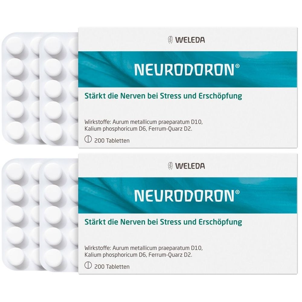 Zwei Packungen Neurodoron® Tabletten. Weiße Tabletten in Blistern. Aufschrift: Neurodoron®, stärkt die Nerven bei Stress und Erschöpfung. Weleda Logo.