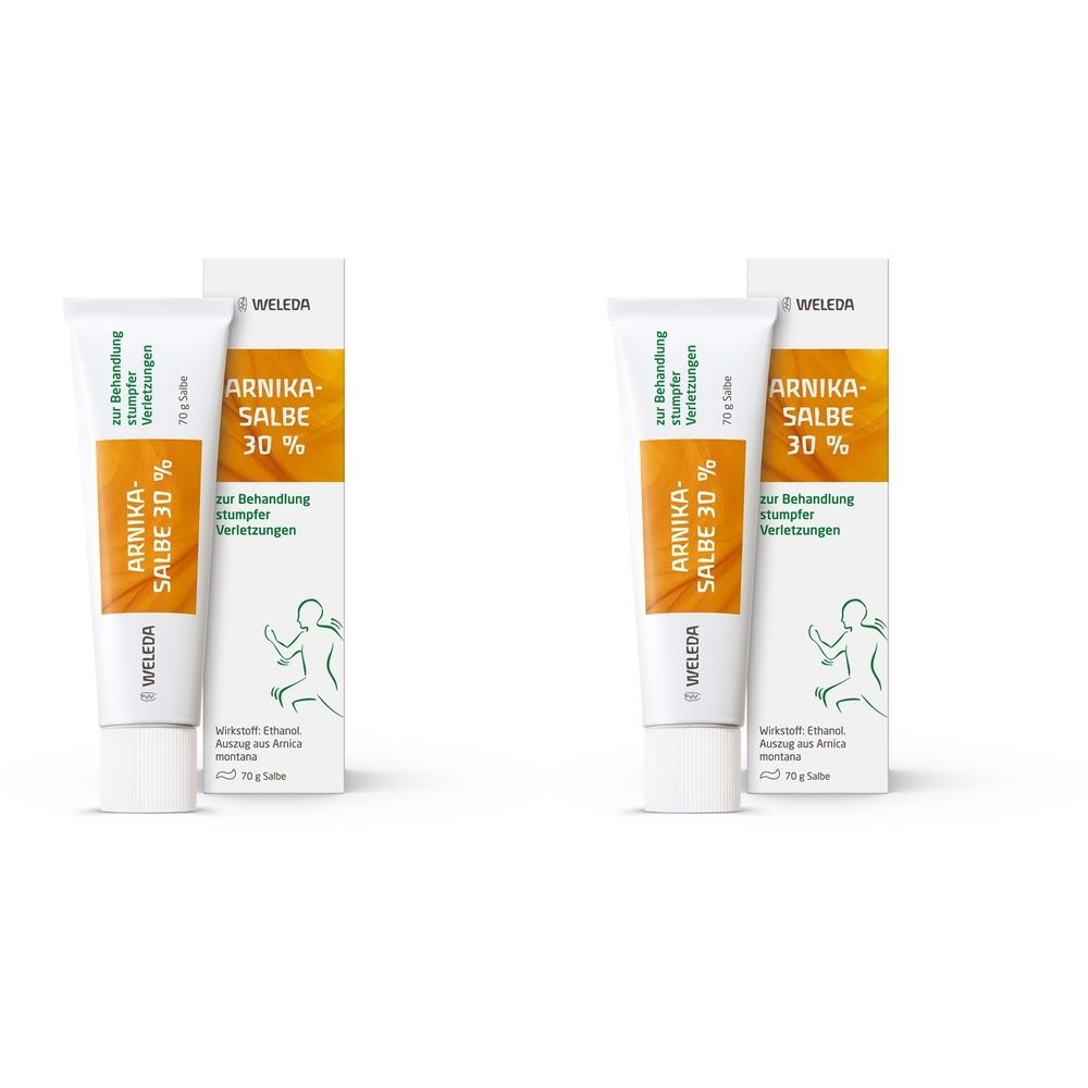 Zwei Tuben Arnika-Salbe 30% mit Verpackung. Aufschrift: Arnika-Salbe 30%. Marke: WELEDA.