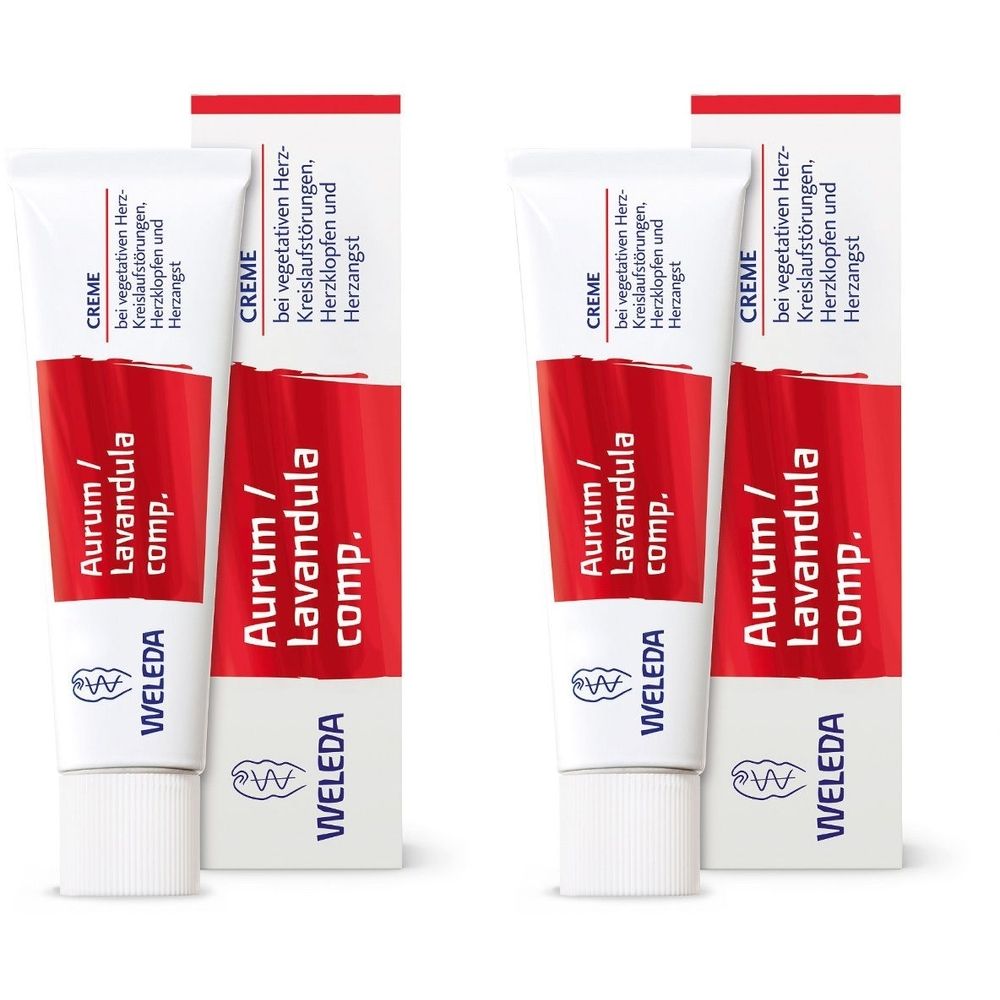 Zwei Tuben Creme mit roter Aufschrift. Aufschrift: Aurum/Lavandula comp. und WELEDA. Dazu jeweils eine weiße Faltschachtel.