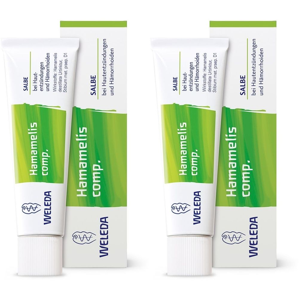 Zwei Tuben und Schachteln. Aufschrift: Hamamelis comp. Salbe bei Hautentzündungen und Hämorrhoiden. Marke: WELEDA.