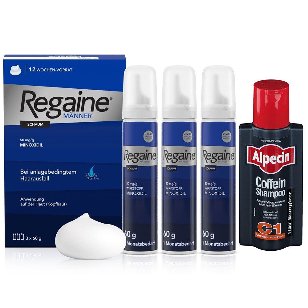 Packung und Flaschen von Regaine Männer Schaum und Alpecin Coffein-Shampoo C1. Regaine: blaue Schachtel, 3 Flaschen Schaum. Alpecin: schwarze Flasche.