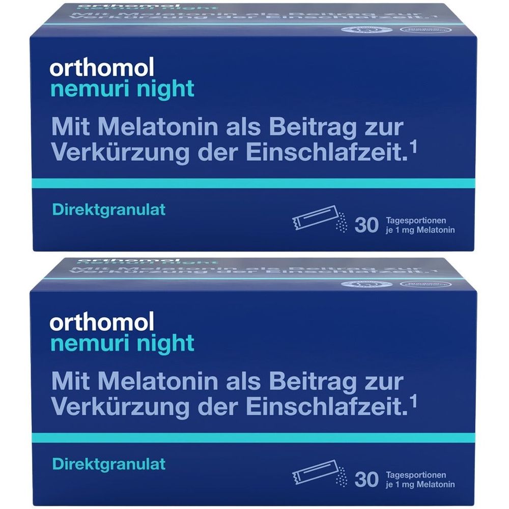 Zwei blaue Kartons Orthomol nemuri night. Aufschrift: Mit Melatonin zur Verkürzung der Einschlafzeit. 30 Tagesportionen.