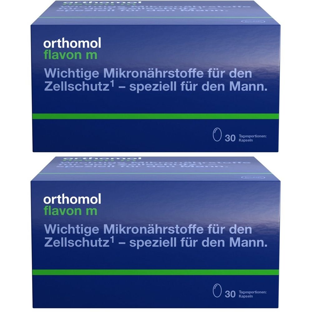 Zwei blaue Kartons mit der Aufschrift "orthomol flavon m". Text: "Wichtige Mikronährstoffe für den Zellschutz - speziell für den Mann".