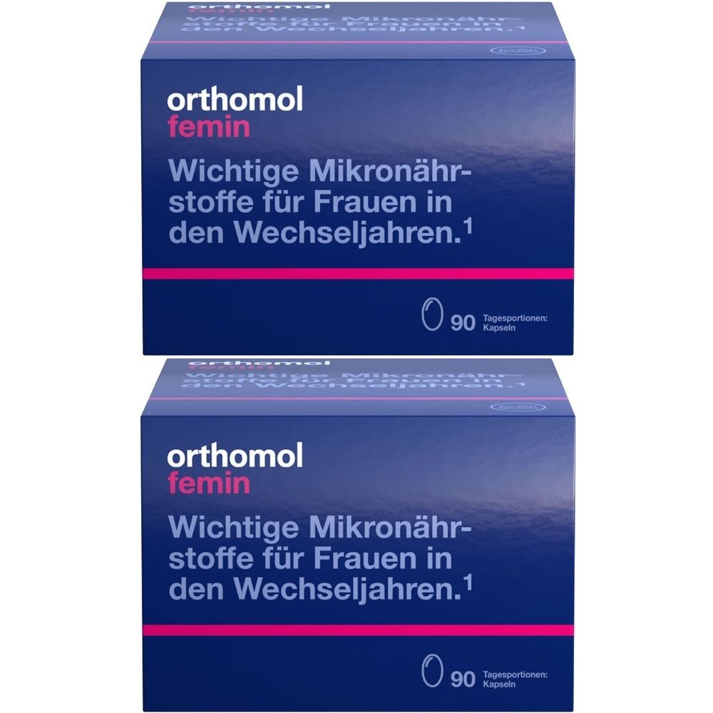 Zwei blaue Schachteln Orthomol femin. Aufschrift: Wichtige Mikronährstoffe für Frauen in den Wechseljahren. 90 Kapseln.
