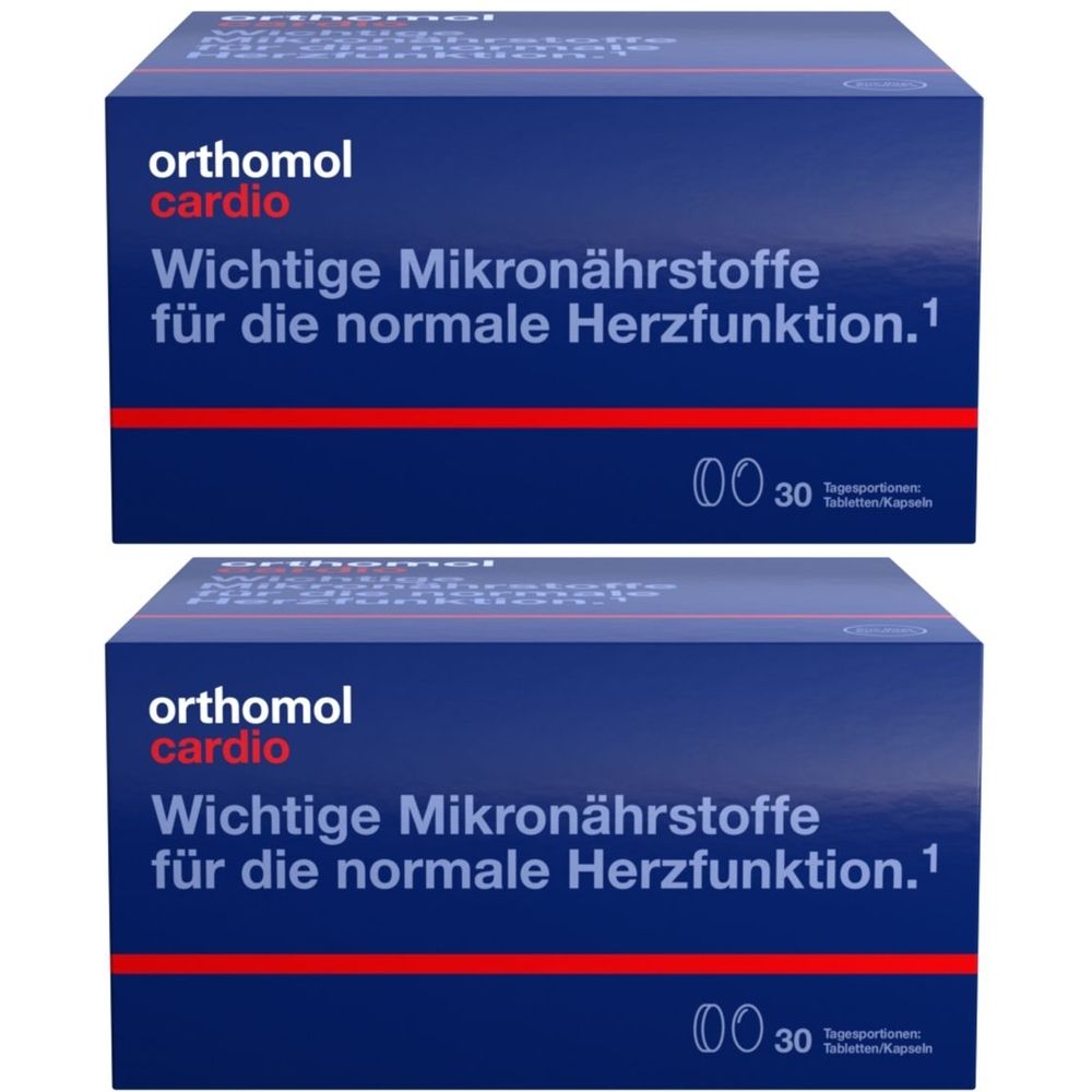 Zwei blaue Kartons mit der Aufschrift "orthomol cardio". Text: "Wichtige Mikronährstoffe für die normale Herzfunktion." 30 Tabletten/Kapseln.