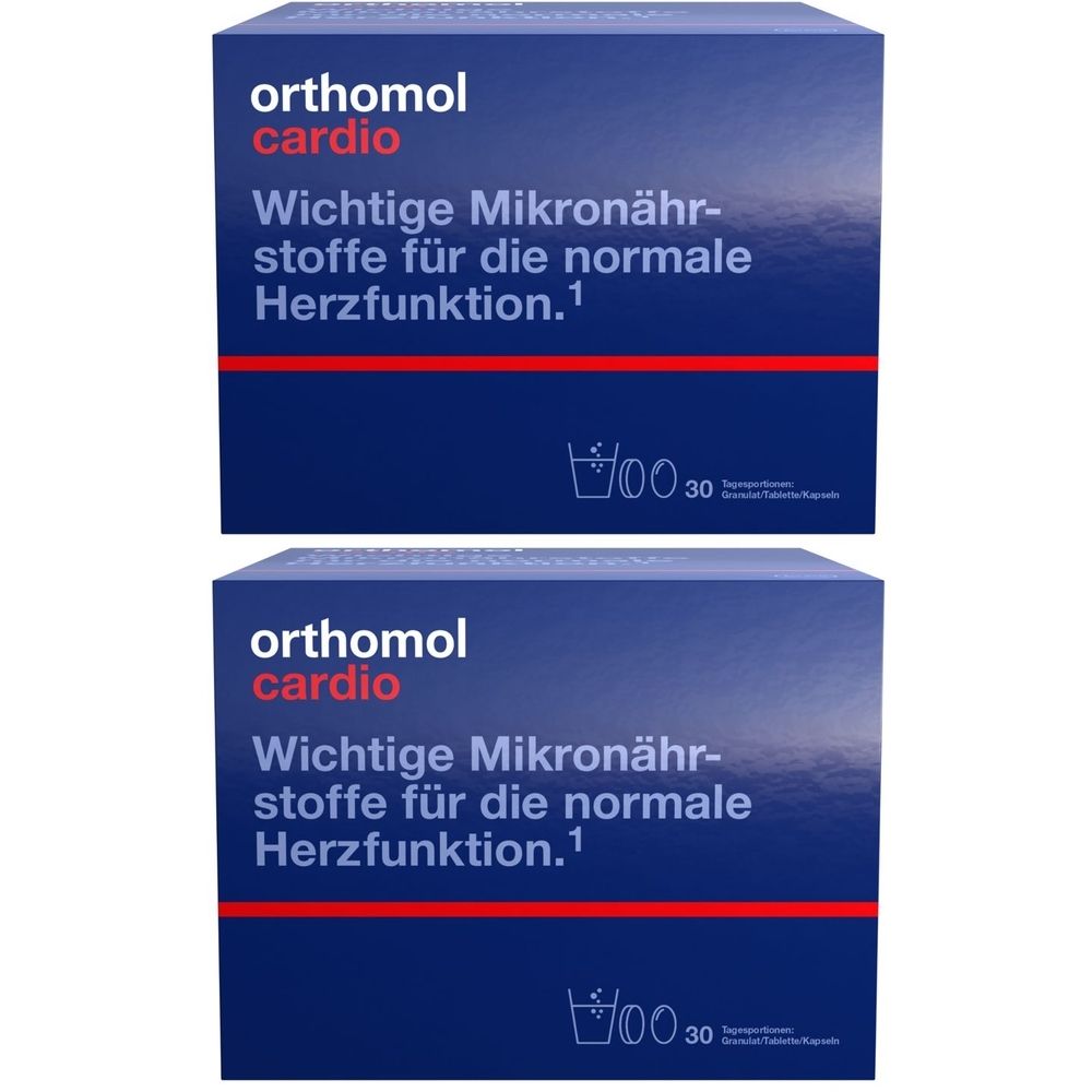 Zwei blaue Kartons mit "orthomol cardio"-Logo und Text: "Wichtige Mikronährstoffe für die normale Herzfunktion."