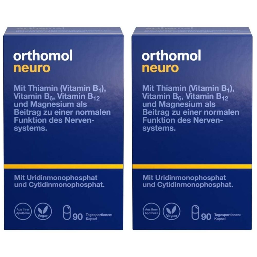 Zwei Schachteln Orthomol Neuro. Blaue Verpackung mit weißer Schrift. Enthält Thiamin, Vitamin B6, B12 und Magnesium.