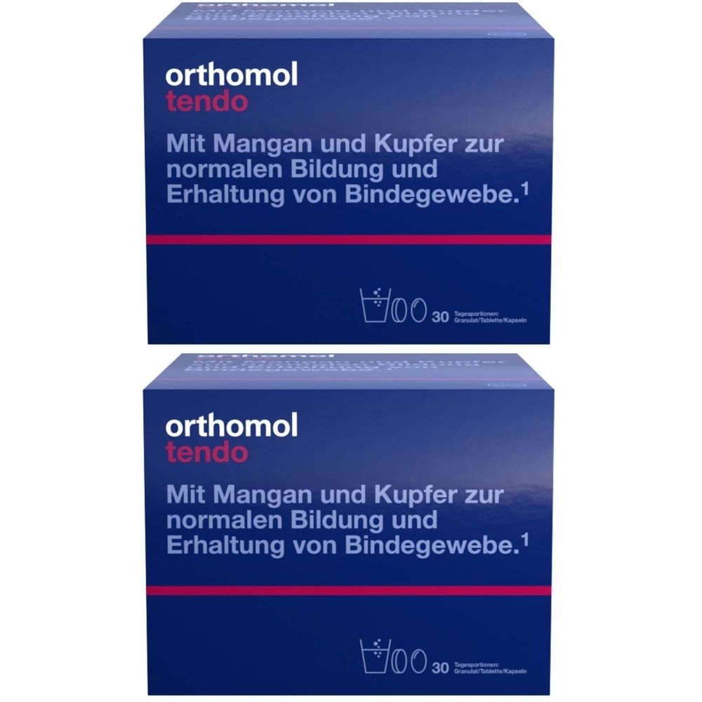 Zwei blaue Kartons mit der Aufschrift "orthomol tendo". Text: "Mit Mangan und Kupfer zur normalen Bildung und Erhaltung von Bindegewebe."