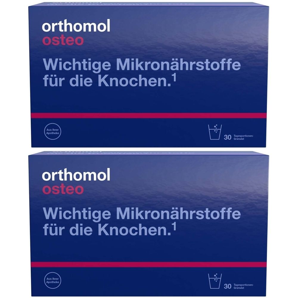 Zwei blaue Kartons mit der Aufschrift "orthomol osteo". Text: "Wichtige Mikronährstoffe für die Knochen". 30 Tagesportionen.