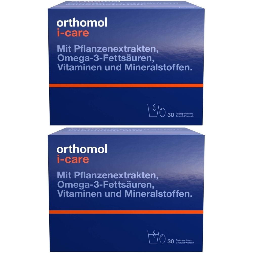 Zwei blaue Kartons mit der Aufschrift Orthomol i-care. Enthält Vitamine, Mineralstoffe, Omega-3-Fettsäuren und Pflanzenextrakte. 30 Tagesportionen.