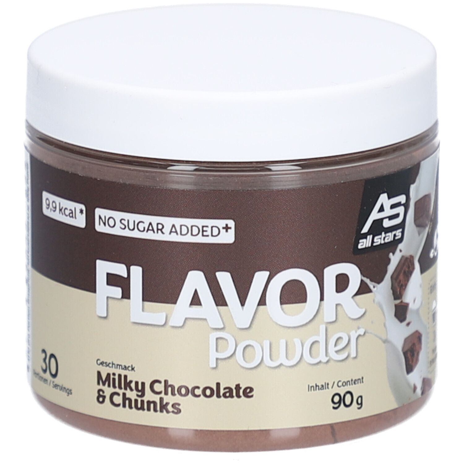 Braune Dose mit weißem Deckel. Aufschrift: Flavor Powder Milky Chocolate & Chunks, 90g. Logo: AS all stars. Zusatz: No Sugar Added.