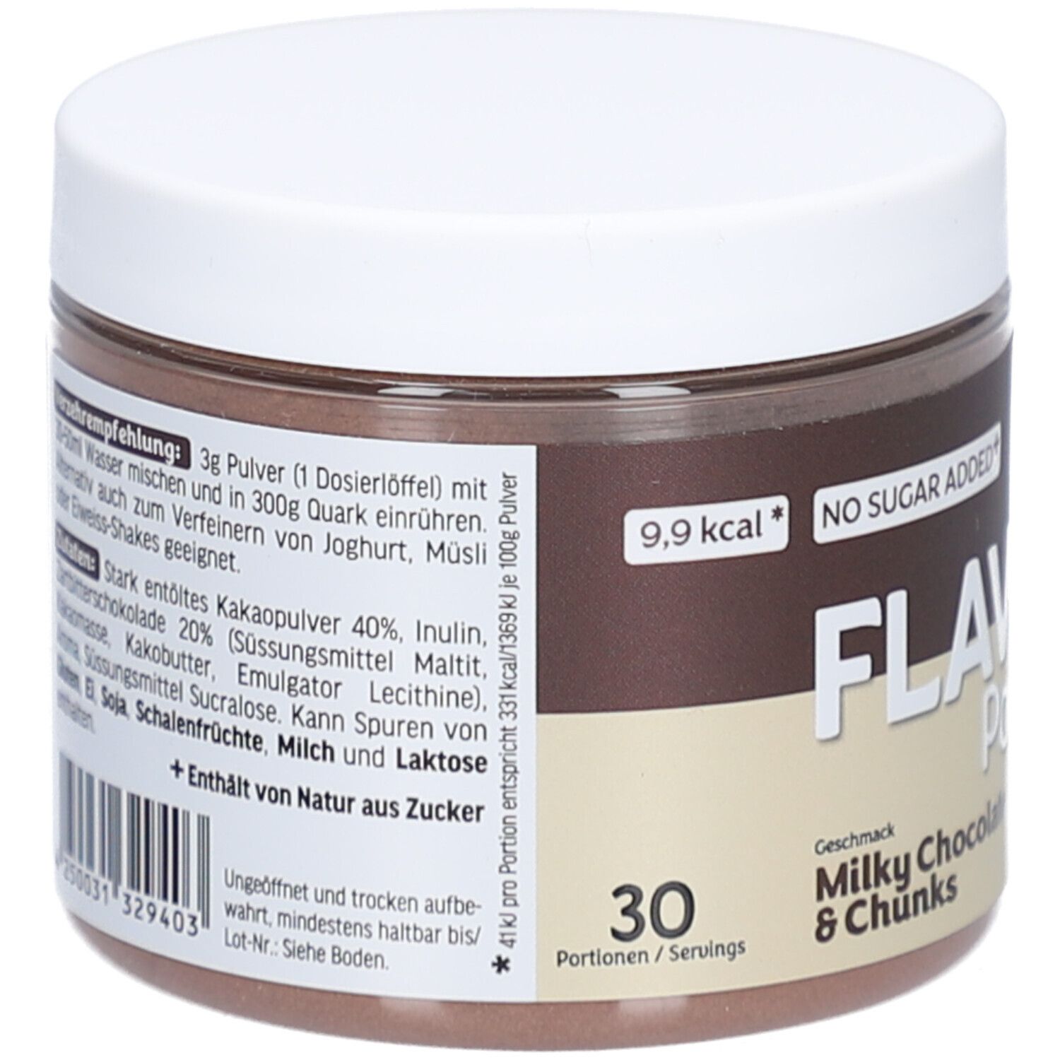 Braune Dose mit weißem Deckel. Text: 30 Portionen. Aufschrift: Flavor Powder Milky Chocolate & Chunks. Text auf der Seite.