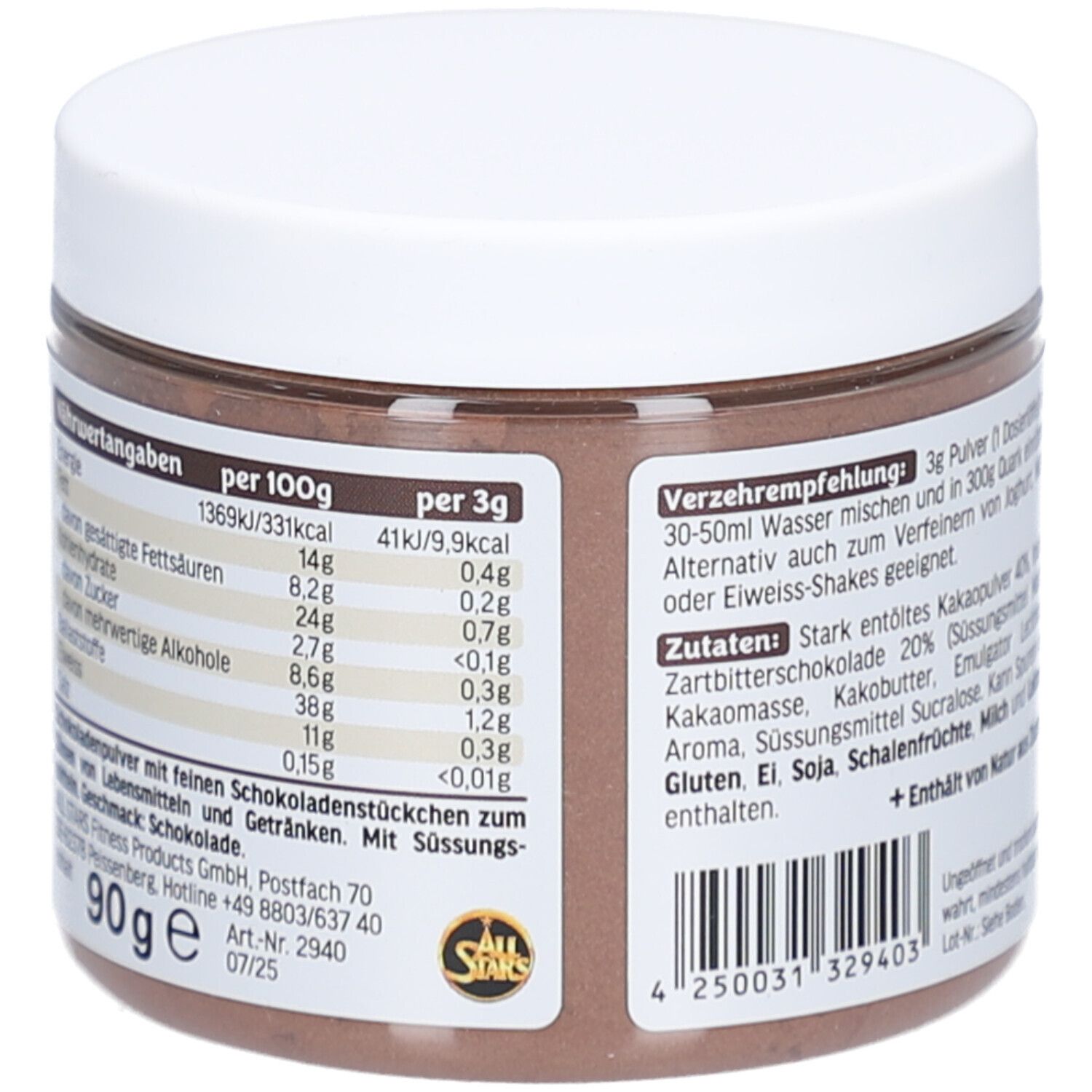 Braune Dose mit weißem Deckel. Nährwertangaben pro 100g und pro 3g. Zutatenliste. Logo: AS all stars. Inhalt: 90g.