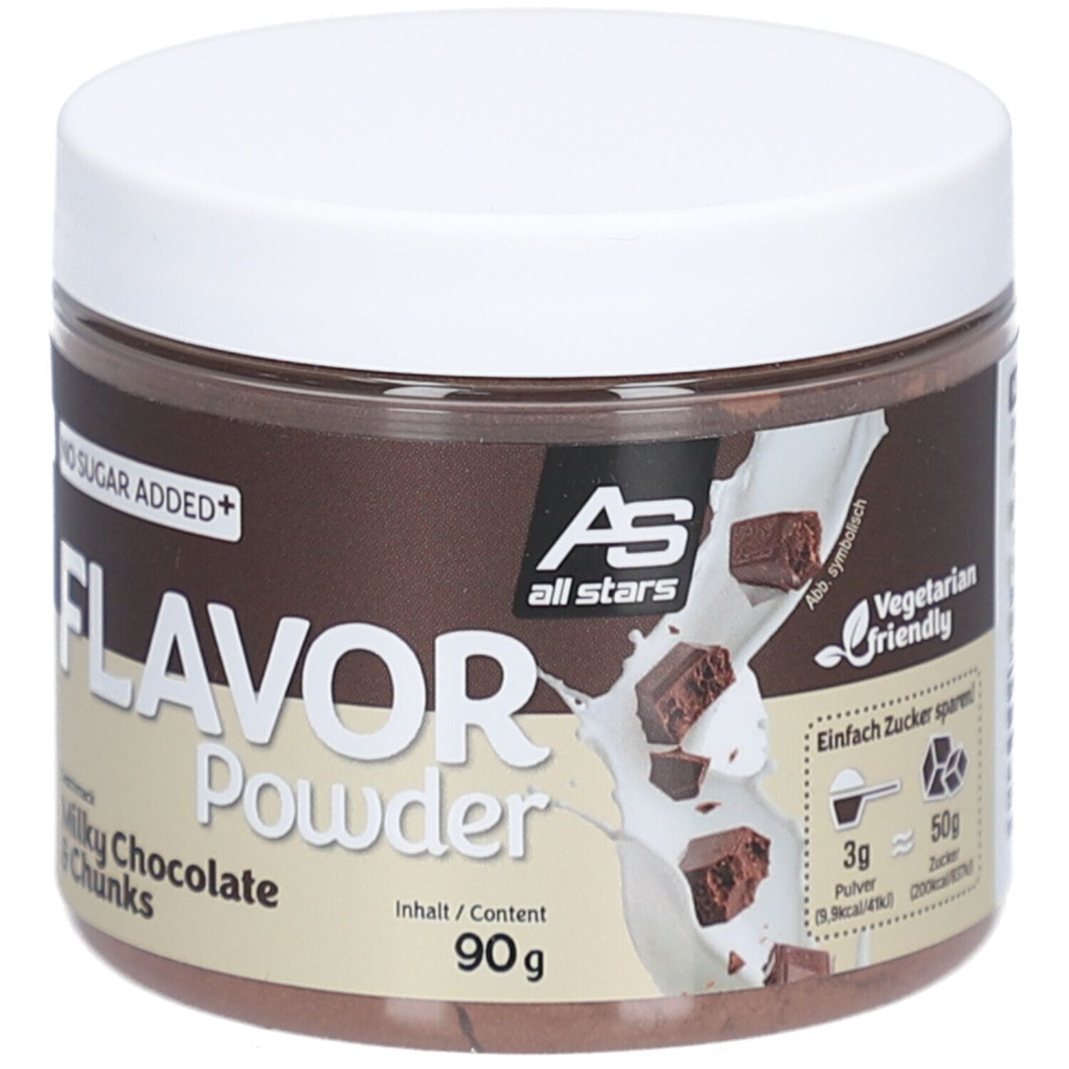 Braune Dose mit weißem Deckel. Aufschrift: Flavor Powder Milky Chocolate & Chunks, 90g. Logo: AS all stars. Zusatz: Vegetarian friendly.