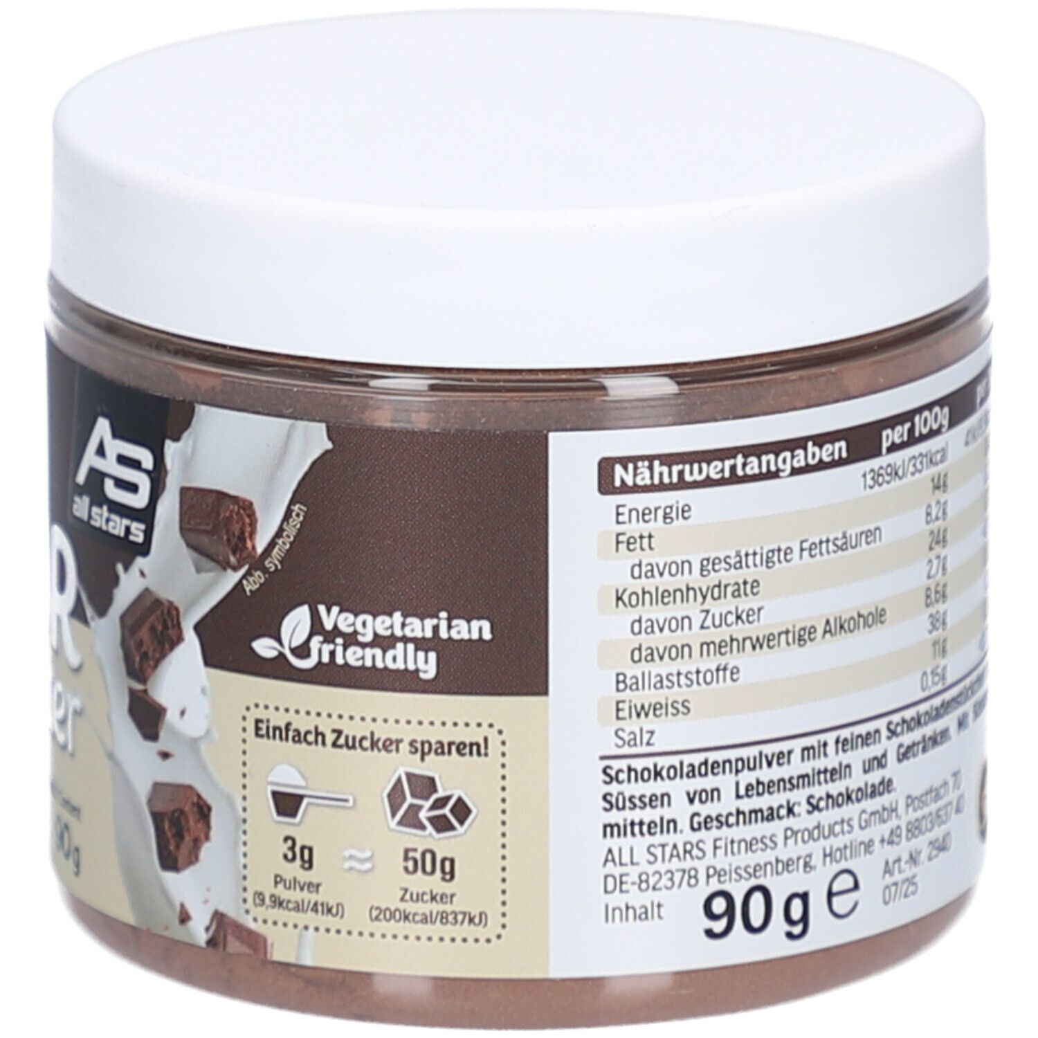 Braune Dose mit weißem Deckel. Nährwertangaben pro 100g. Aufschrift: Flavor Powder Milky Chocolate & Chunks, 90g. Logo: AS all stars.