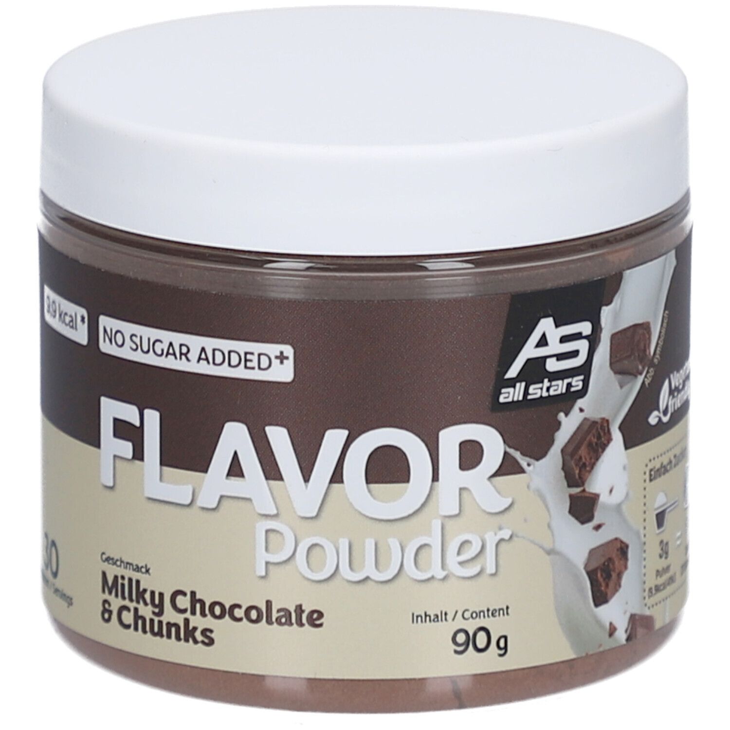 Braune Dose mit weißem Deckel. Aufschrift: Flavor Powder Milky Chocolate & Chunks, 90g. Logo: AS all stars. Zusatz: No Sugar Added.