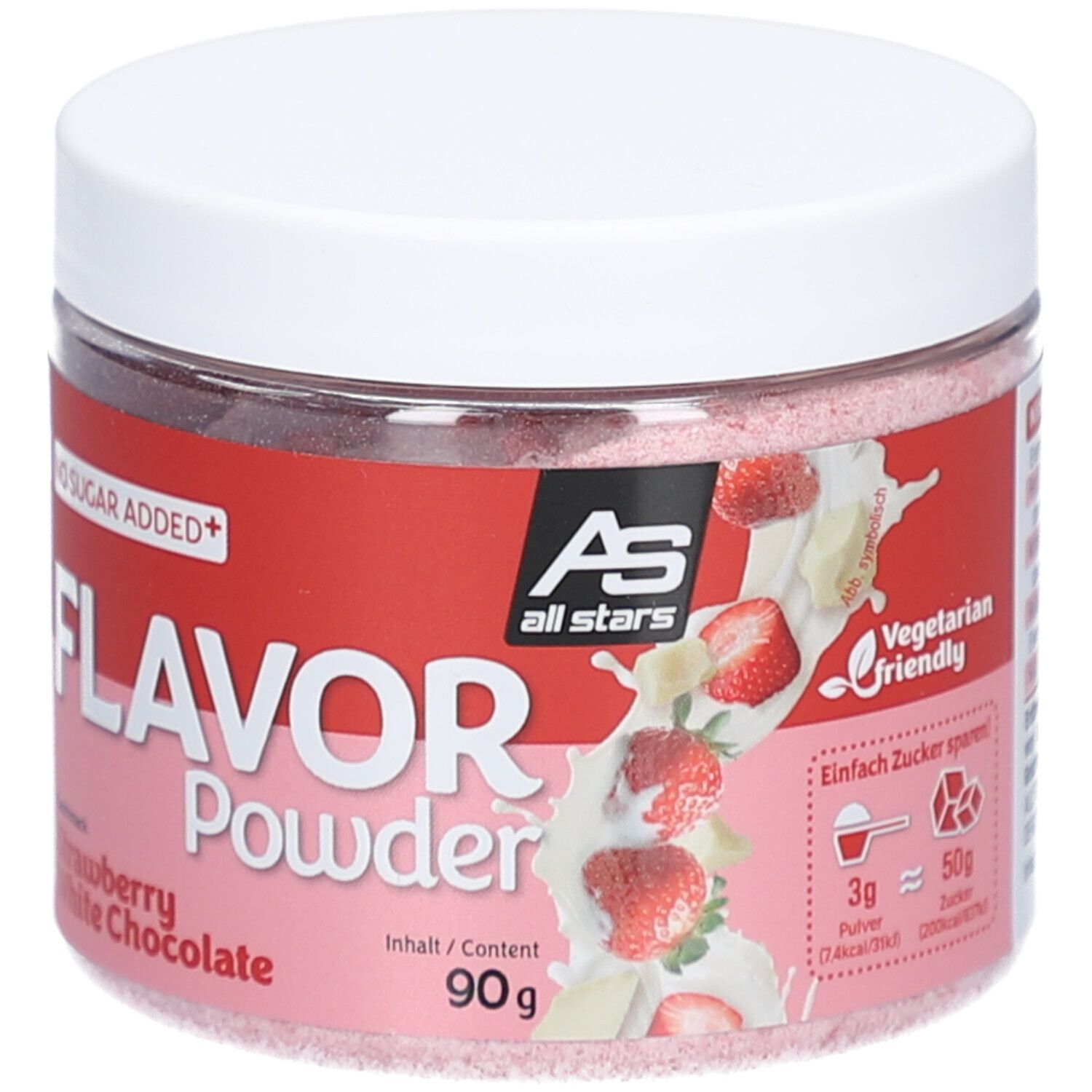Runde Dose mit weißem Deckel. Aufschrift: Flavor Powder Strawberry White Chocolate. AS all stars Logo. Vegetarian friendly.
