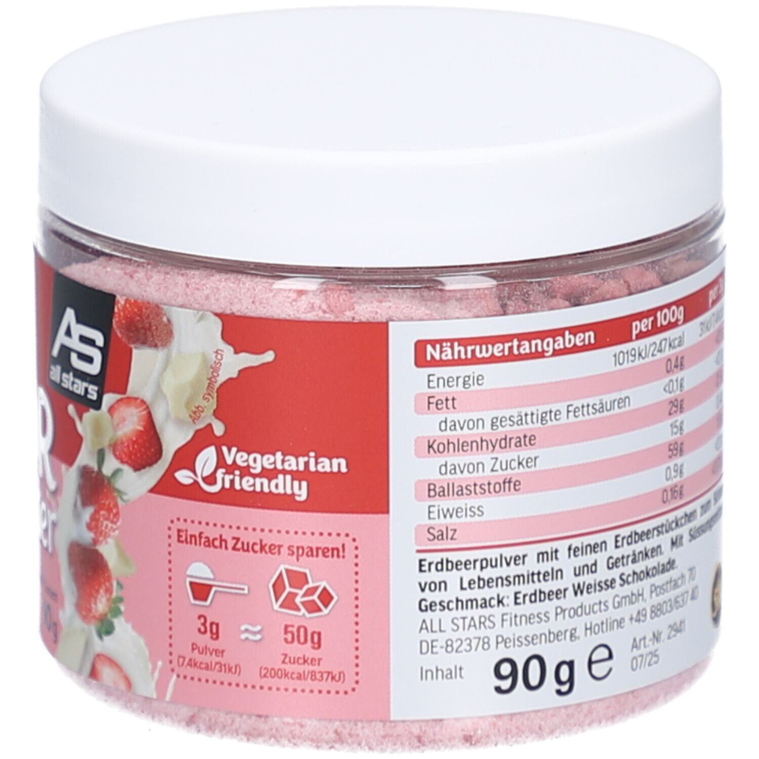 Runde Dose mit weißem Deckel. Aufschrift: Flavor Powder. Vegetarian friendly. Nährwertangaben. AS all stars Logo. 90g.