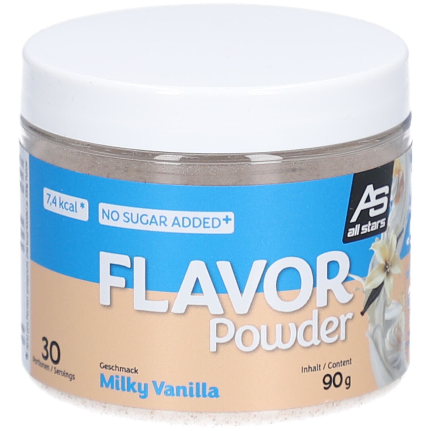 Behälter mit Flavor Powder Milky Vanilla. Aufschrift: 7,4 kcal, No Sugar Added, 90g Inhalt. Marke: All Stars.