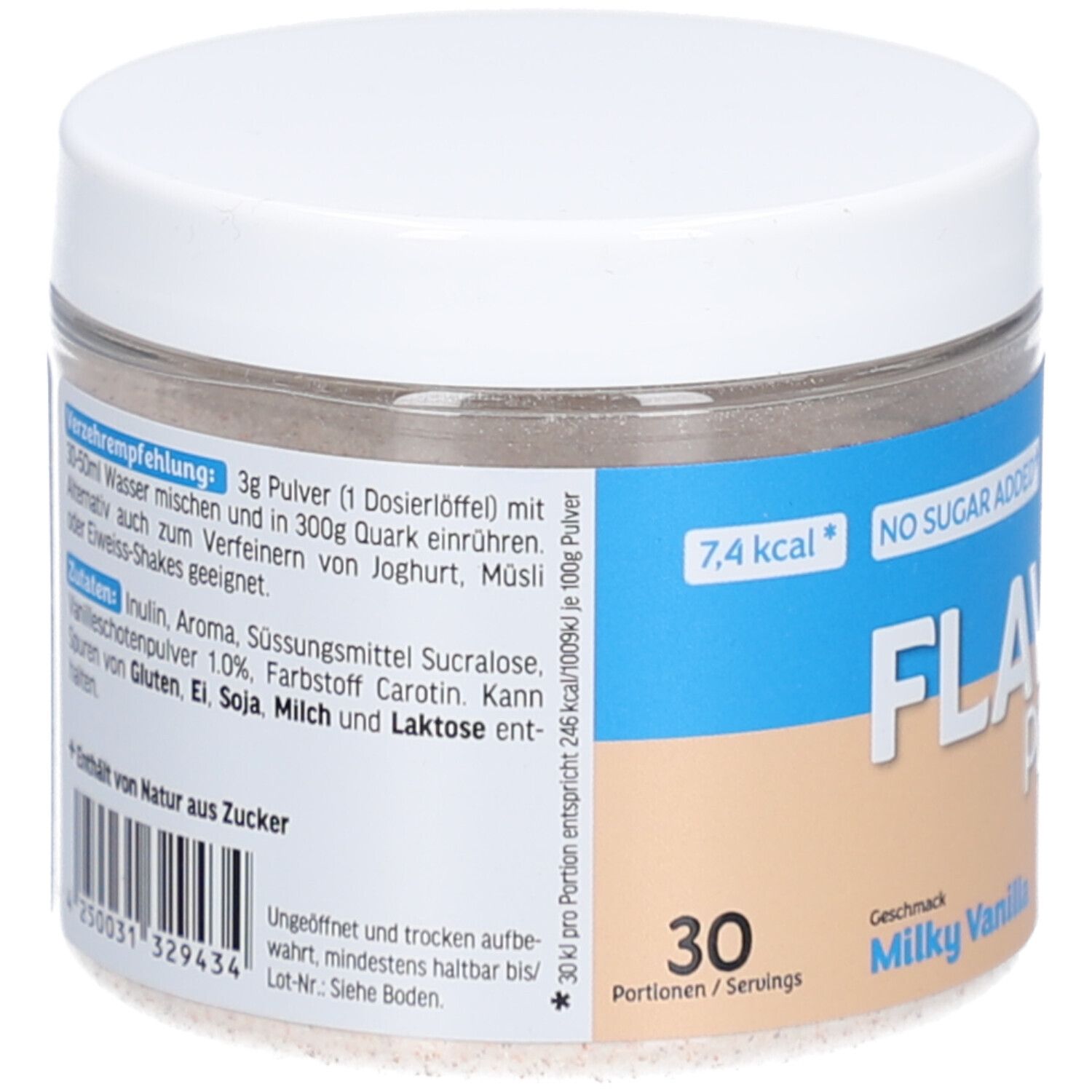 Behälter Flavor Powder Milky Vanilla. Rückseite mit Nährwertangaben und Zutaten. Marke: All Stars. 30 Portionen.