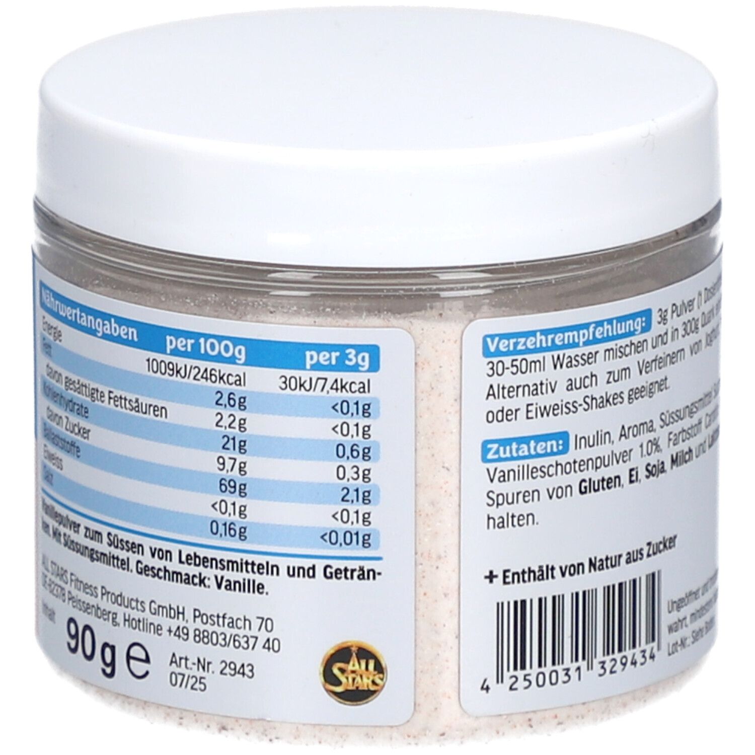 Behälter Flavor Powder Milky Vanilla. Nährwertangaben pro 100g und 3g. Marke: All Stars. Inhalt: 90g.