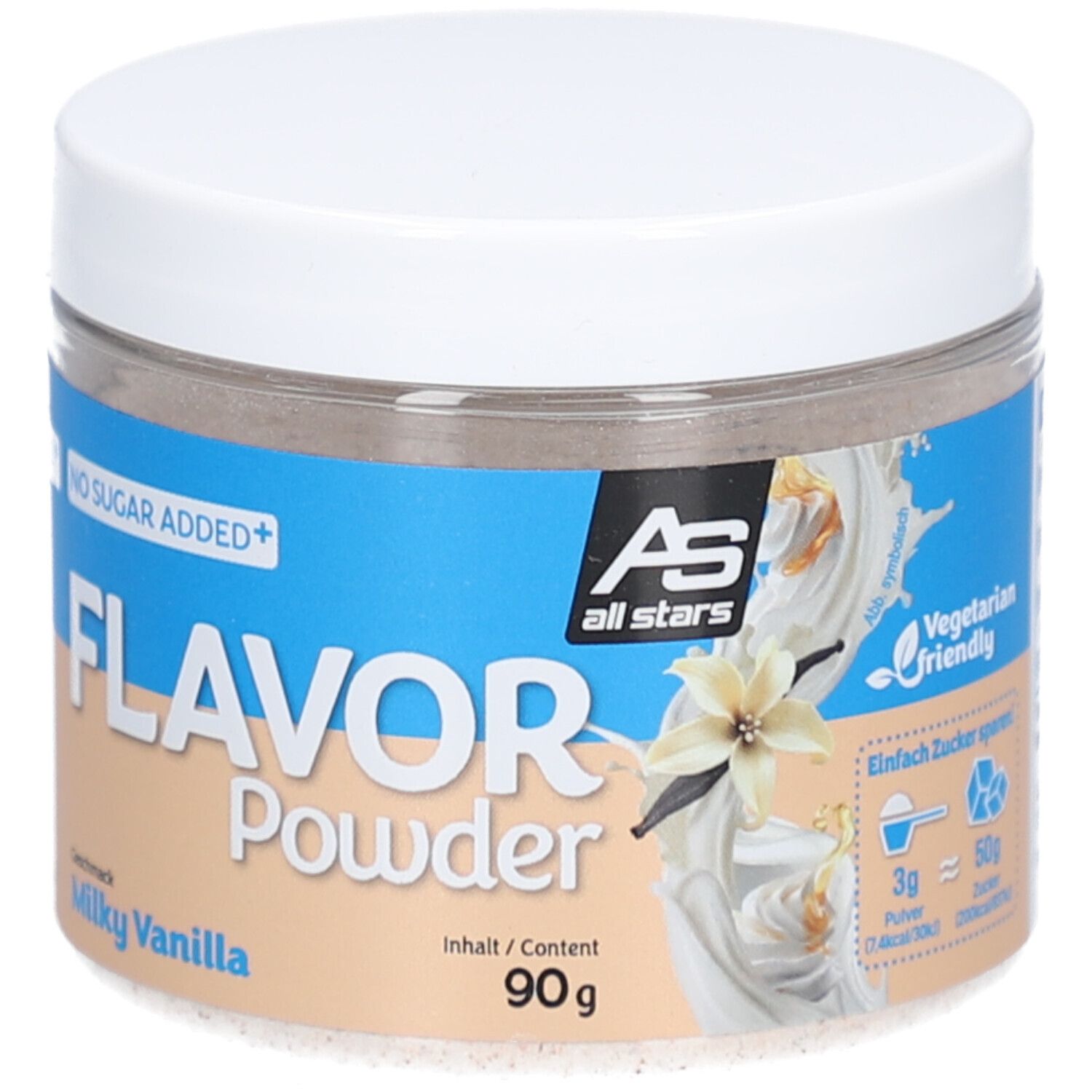 Behälter Flavor Powder Milky Vanilla. Aufschrift: No Sugar Added, Vegetarian friendly. Marke: All Stars. Inhalt: 90g.