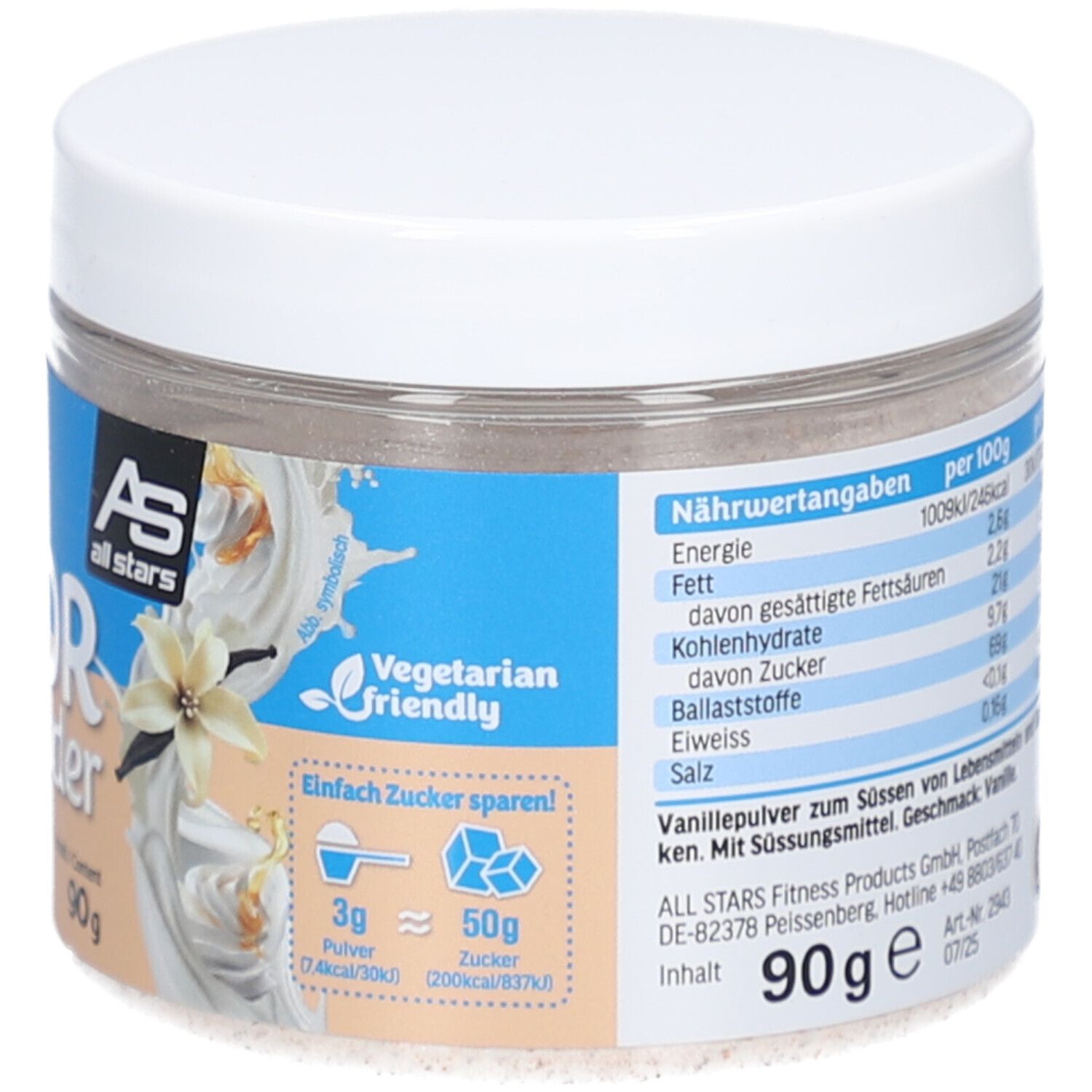 Behälter Flavor Powder Milky Vanilla. Aufschrift: Vegetarian friendly, Einfach Zucker sparen. Marke: All Stars. Inhalt: 90g.