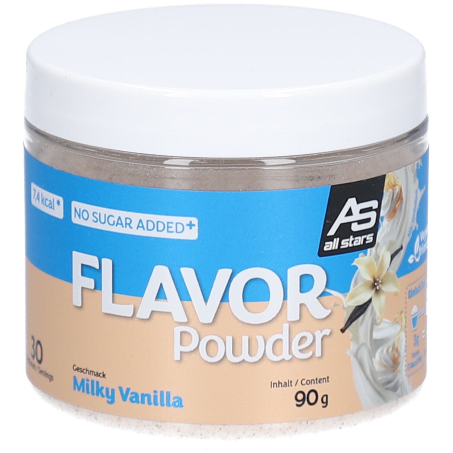Behälter Flavor Powder Milky Vanilla. Aufschrift: 7,4 kcal, No Sugar Added, 30 Portionen. Marke: All Stars. Inhalt: 90g.