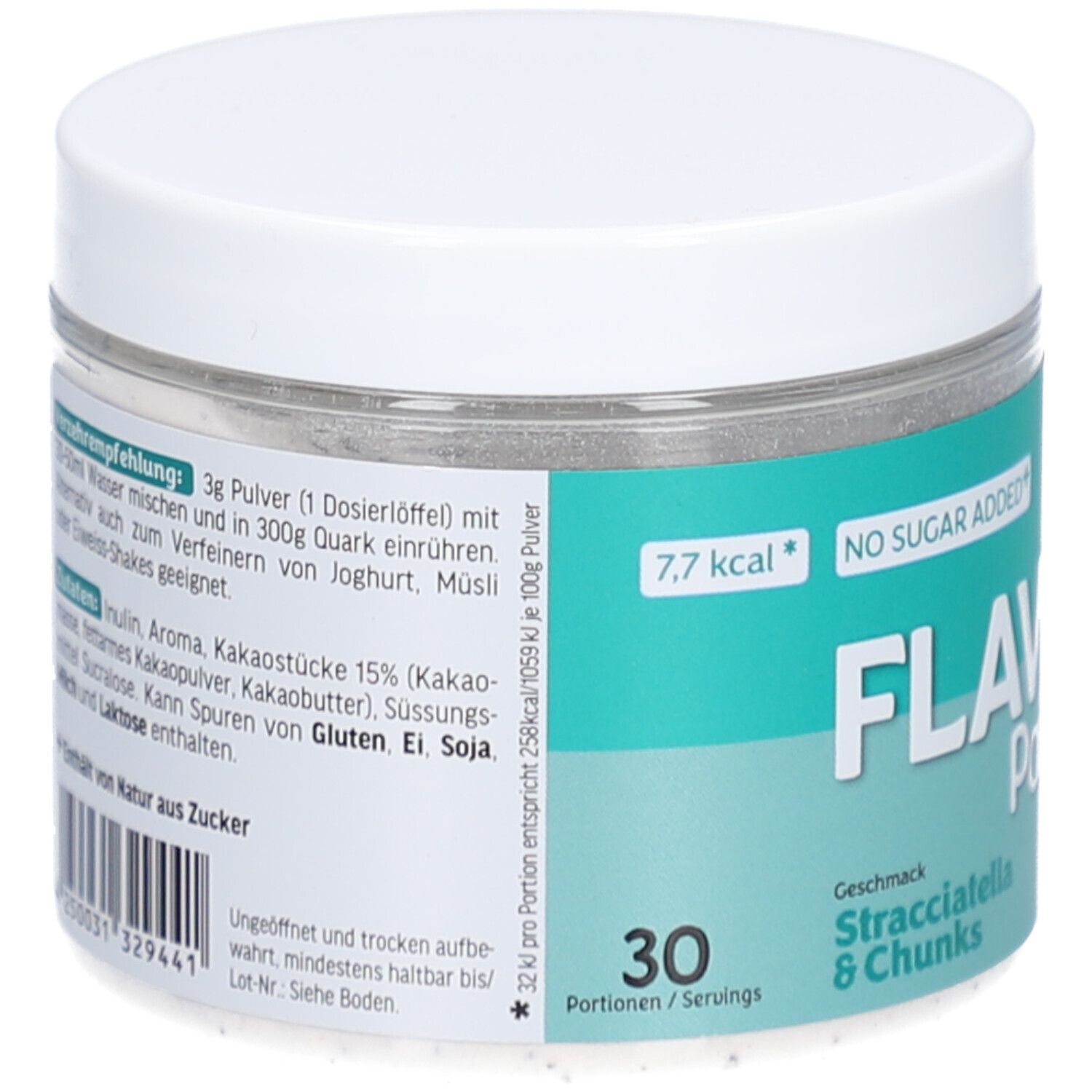 Runde Dose mit weißem Deckel. Aufschrift: Flavor Powder Stracciatella & Chunks. Marke: All Stars. Inhalt: 90g. 'No Sugar Added'. Rückseite mit Inhaltsangaben.