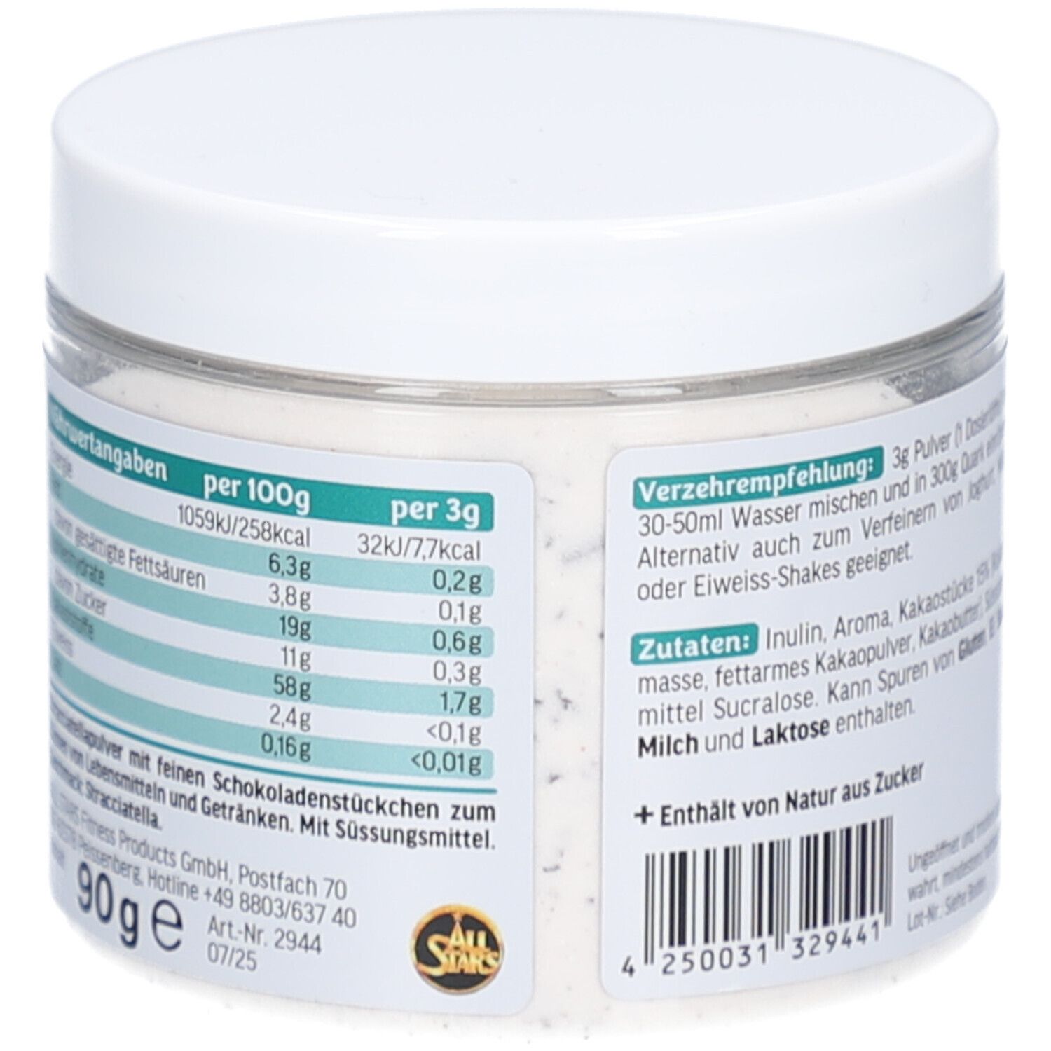 Runde Dose mit weißem Deckel. Aufschrift: Flavor Powder Stracciatella & Chunks. Marke: All Stars. Inhalt: 90g. Nährwertangaben. Rückseite mit Inhaltsangaben.