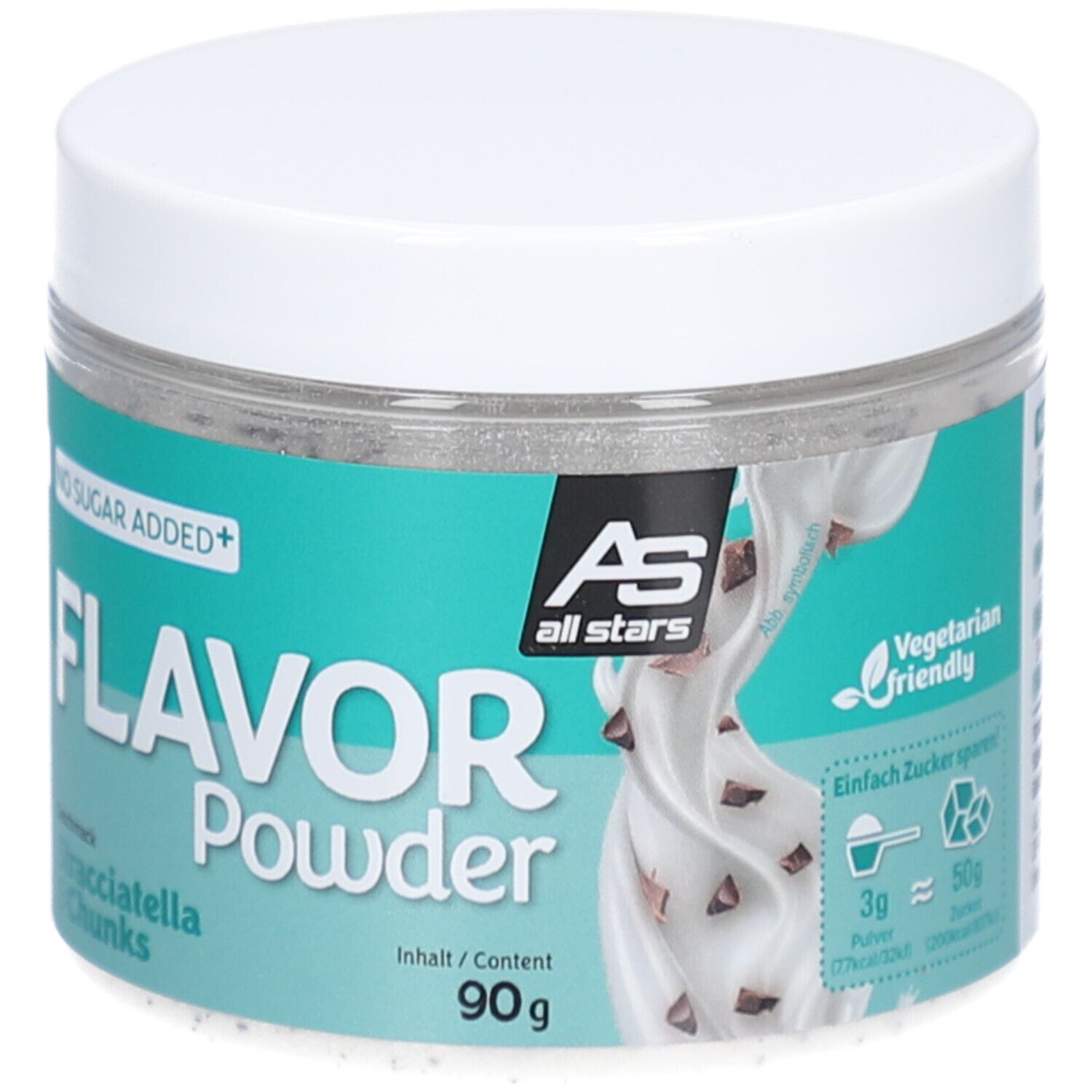 Runde Dose mit weißem Deckel. Aufschrift: Flavor Powder Stracciatella & Chunks. Marke: All Stars. Inhalt: 90g. 'No Sugar Added'. Vegetarisch.