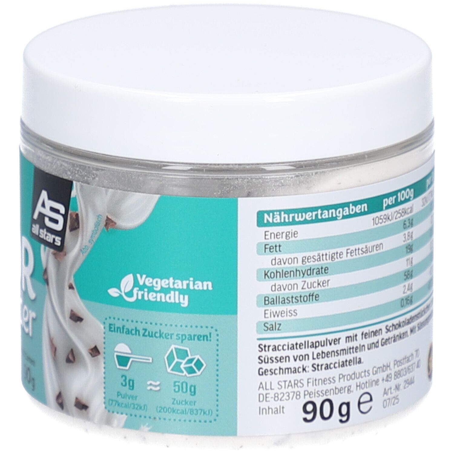Runde Dose mit weißem Deckel. Aufschrift: Flavor Powder Stracciatella & Chunks. Marke: All Stars. Inhalt: 90g. Vegetarisch. Nährwertangaben.