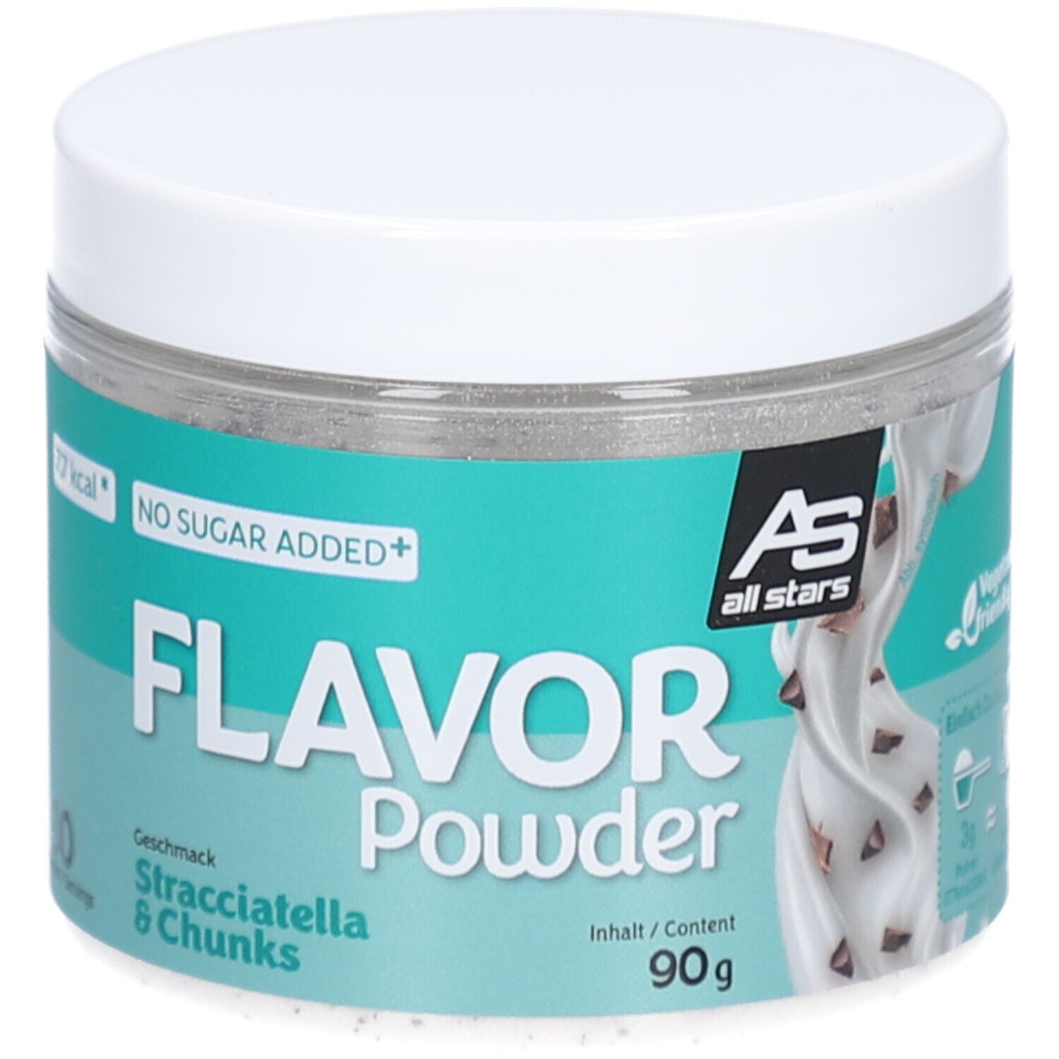 Runde Dose mit weißem Deckel. Aufschrift: Flavor Powder Stracciatella & Chunks. Marke: All Stars. Inhalt: 90g. 'No Sugar Added'.
