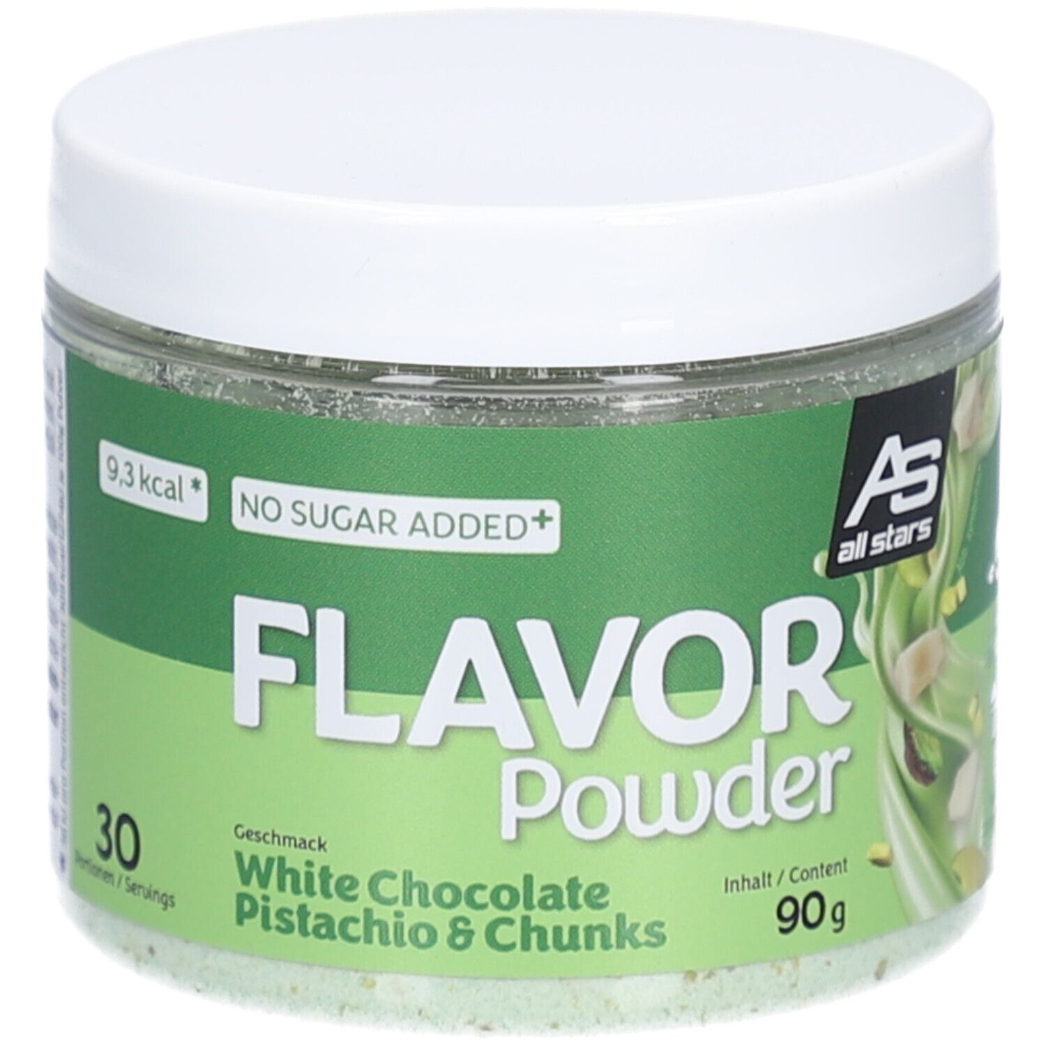 Glas mit weißem Deckel. Aufschrift: Flavor Powder White Chocolate Pistachio & Chunks. 90g Dose. Grün-weißes Etikett.