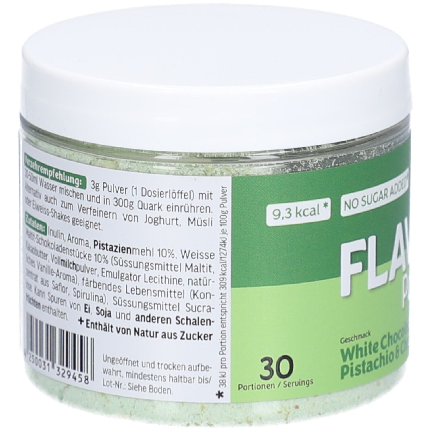 Glas mit weißem Deckel. Aufschrift: Flavor Powder White Chocolate Pistachio & Chunks. 90g Dose. Rückseite mit Zutatenliste.